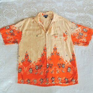 Vtg Tropical Tantrum Gold & Orange Paisley Hawaiian Shirt 1X